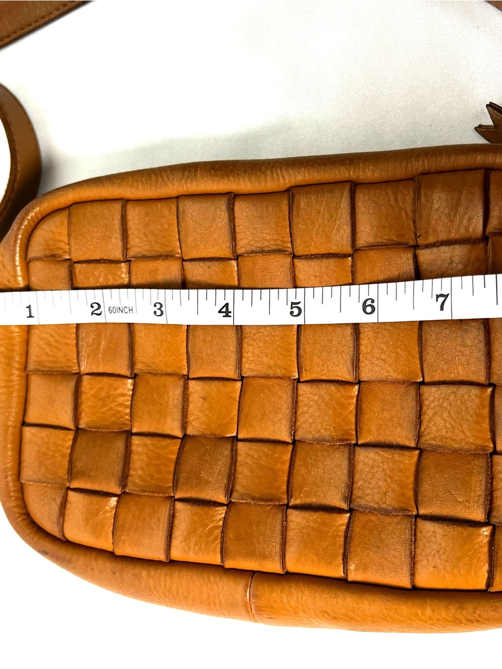 Madewell Woven Leather Crossbody Bag Cognac Brown Camera Bag Adjustable Strap - Picture 10 of 13